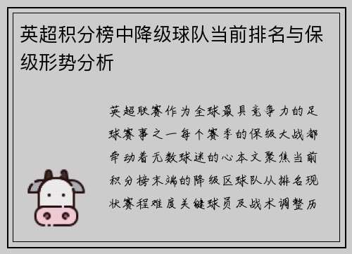 英超积分榜中降级球队当前排名与保级形势分析